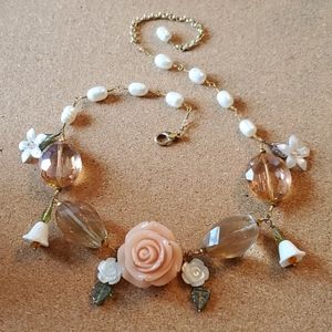 Hand Made Pearls and Peach Rose Necklace